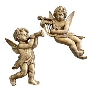 Vintage Syroco Gold Cherub Angel Pair Wall Art USA 4775 A B Large 16"